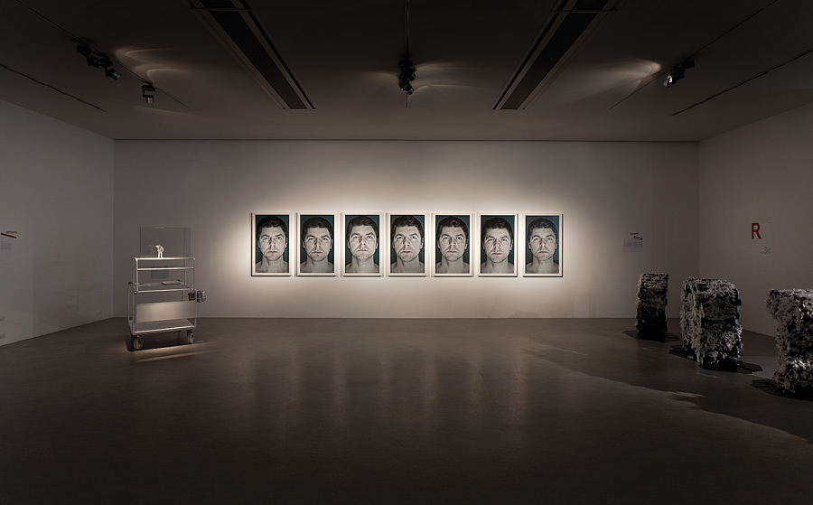 Widok ekspozycji „Crimestory” z pracami Grzegorza Drozda „Autoportret” i „Cyngwajsy”, dzięki uprzejmości artysty i CSW Zamek Ujazdowski