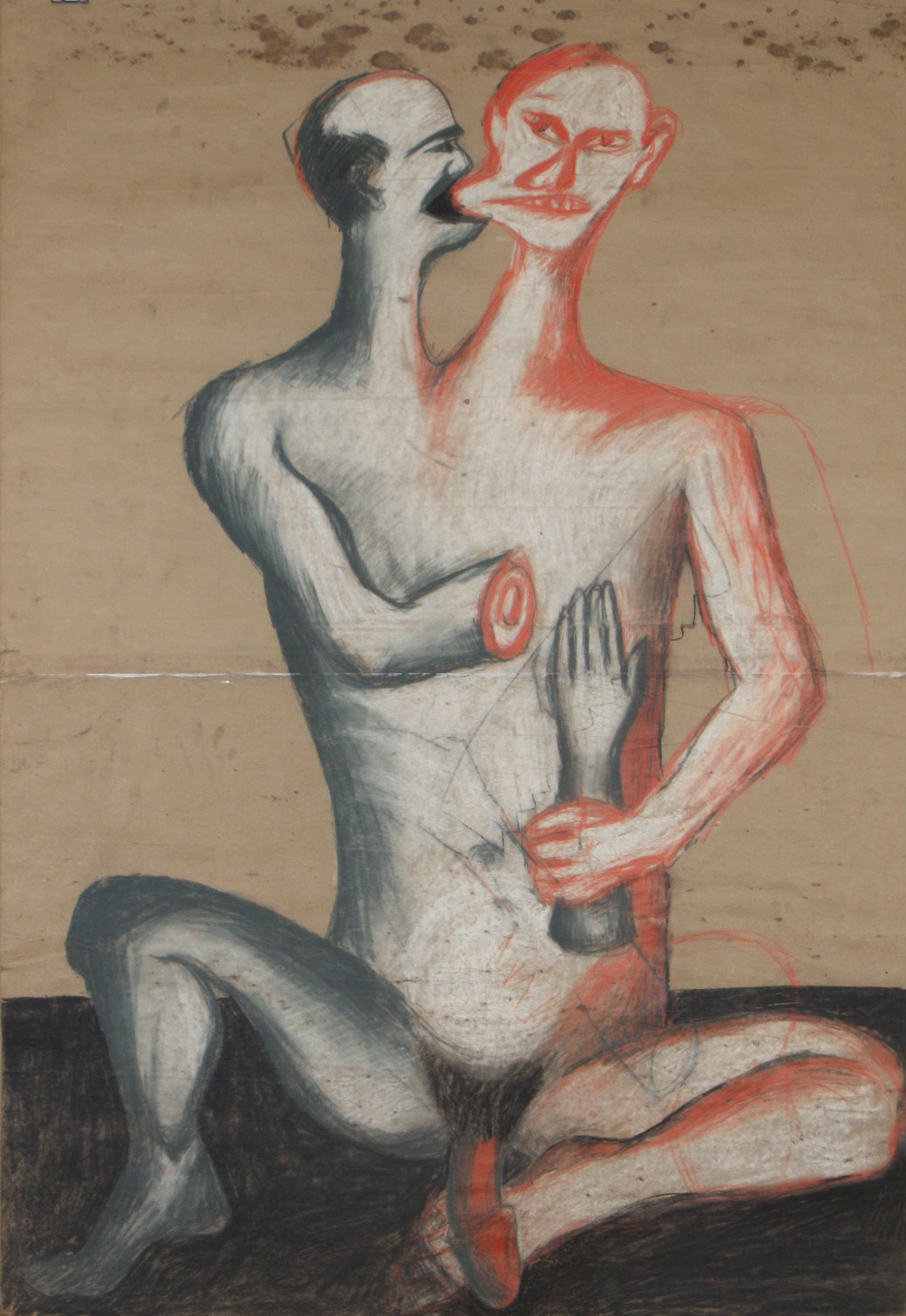 Jarosław Modzelewski, Dwugłowy Chińczyk, węgiel, kreda, kredki, 182 x 126 cm, 1985