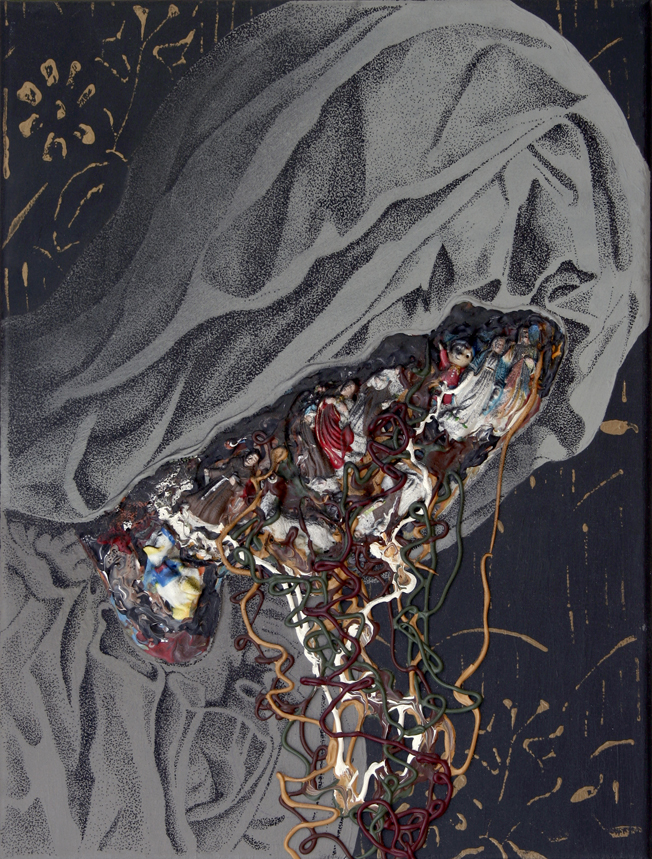 21. Plastikowe gardło, akryl, plastik, cienkopis na płótnie 40x30 cm, 2013