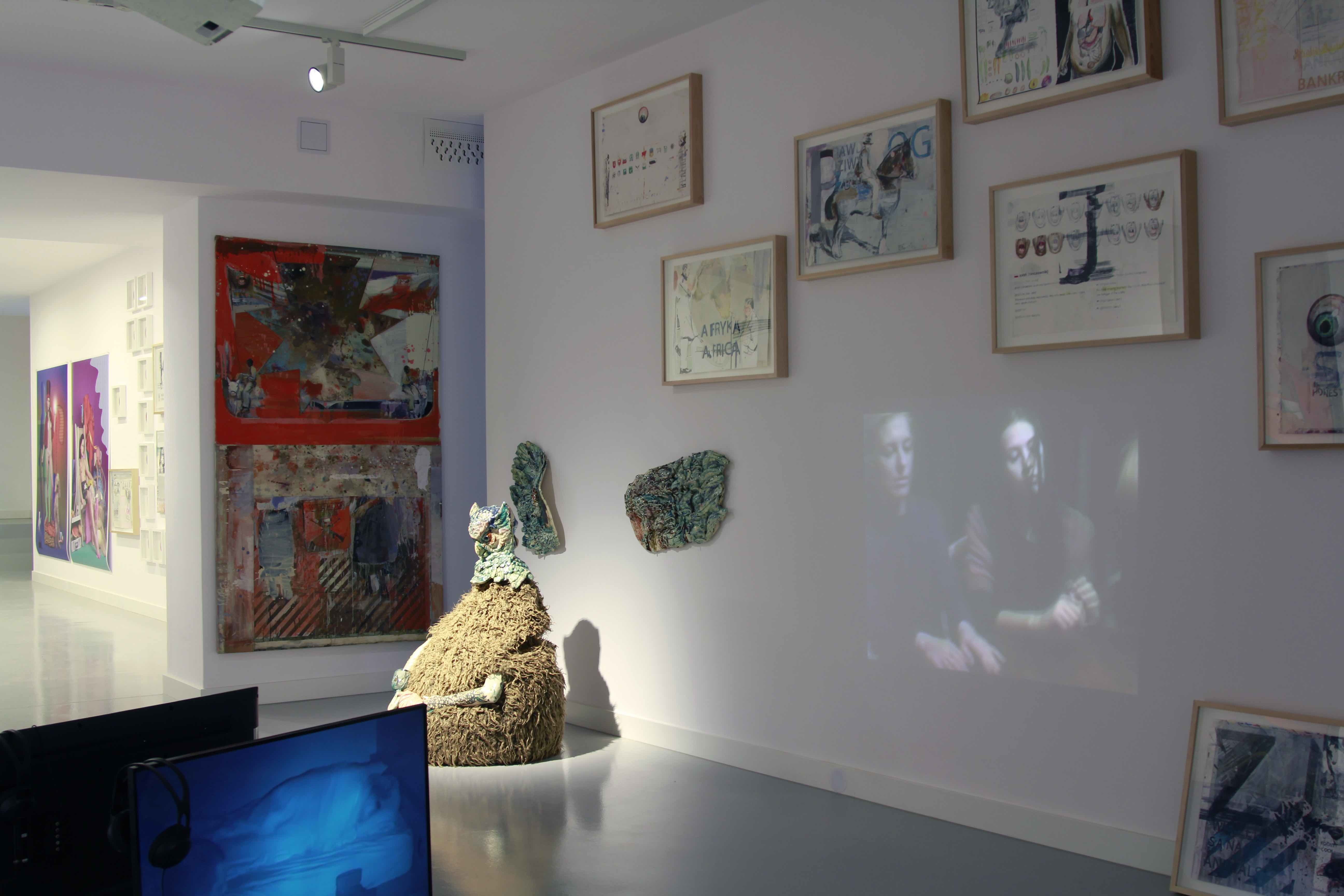 Syndrom Stendhala, widok na wystawę. Od lewej prace: Dokminiki Olszowy, Radka Szlagi,Kris Lemsalu