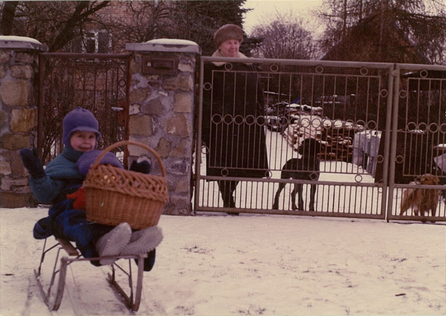Na sankach z bratem Tomkiem, na prawo za bramą jeszcze żywy Felek, 1993