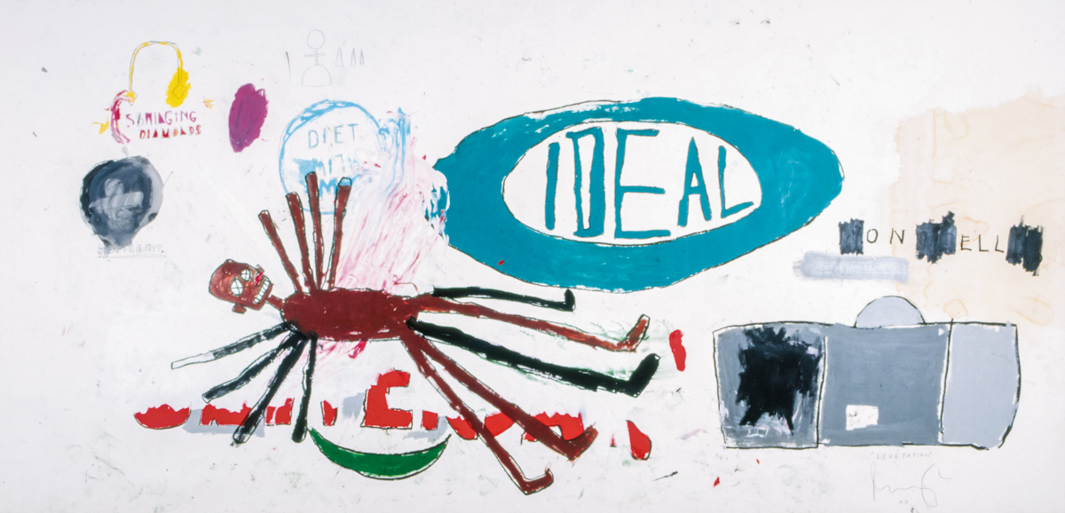 Jean-Michel Basquiat, Levétation, kredka china marker i farba olejna w sztyfcie umieszczonym na papierze umieszczonym na płótnie, 230 x 472 cm; dzięki uprzejmości Sammlung Hoffmann w Berlinie